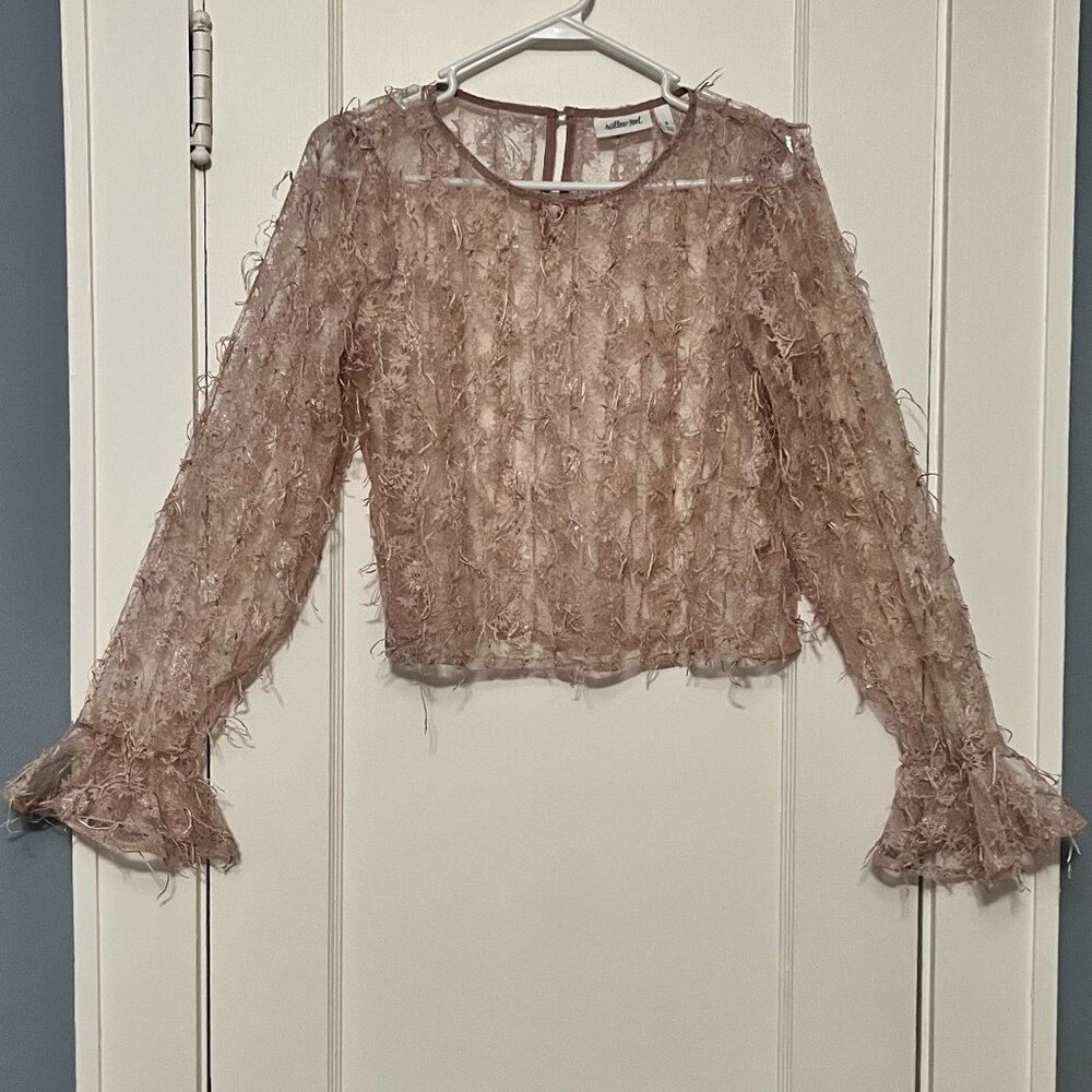 Willow & Root sheer floral lace top size small powder pink fringe detail - Picture 2 of 11